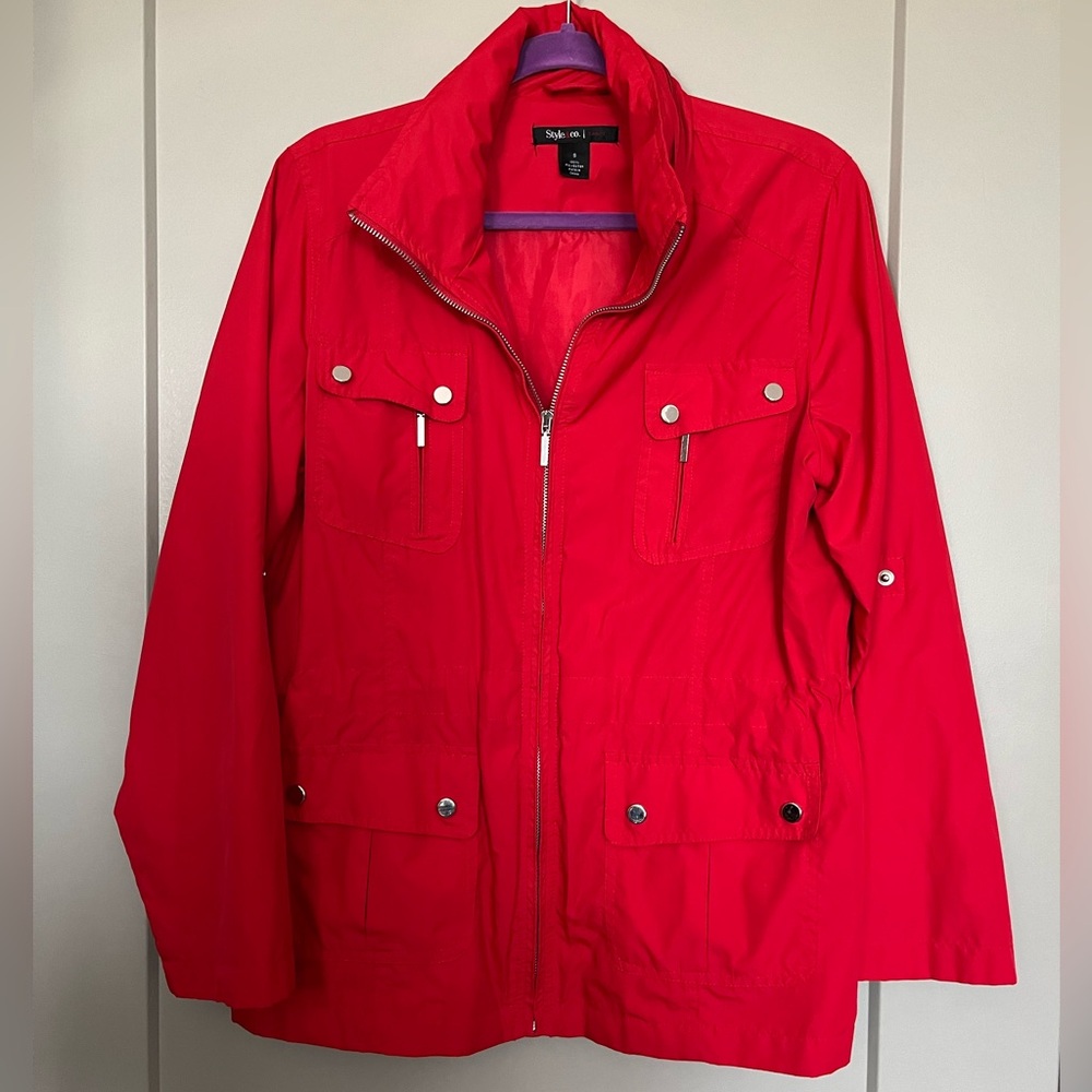 Red Rain Jacket with hidden hood